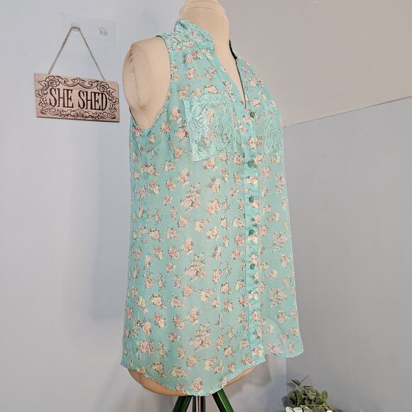 Green Floral Tunic Top Lace Collar Pockets XL Fairy Dainty Y2K Feminine Romantic - Picture 3 of 13